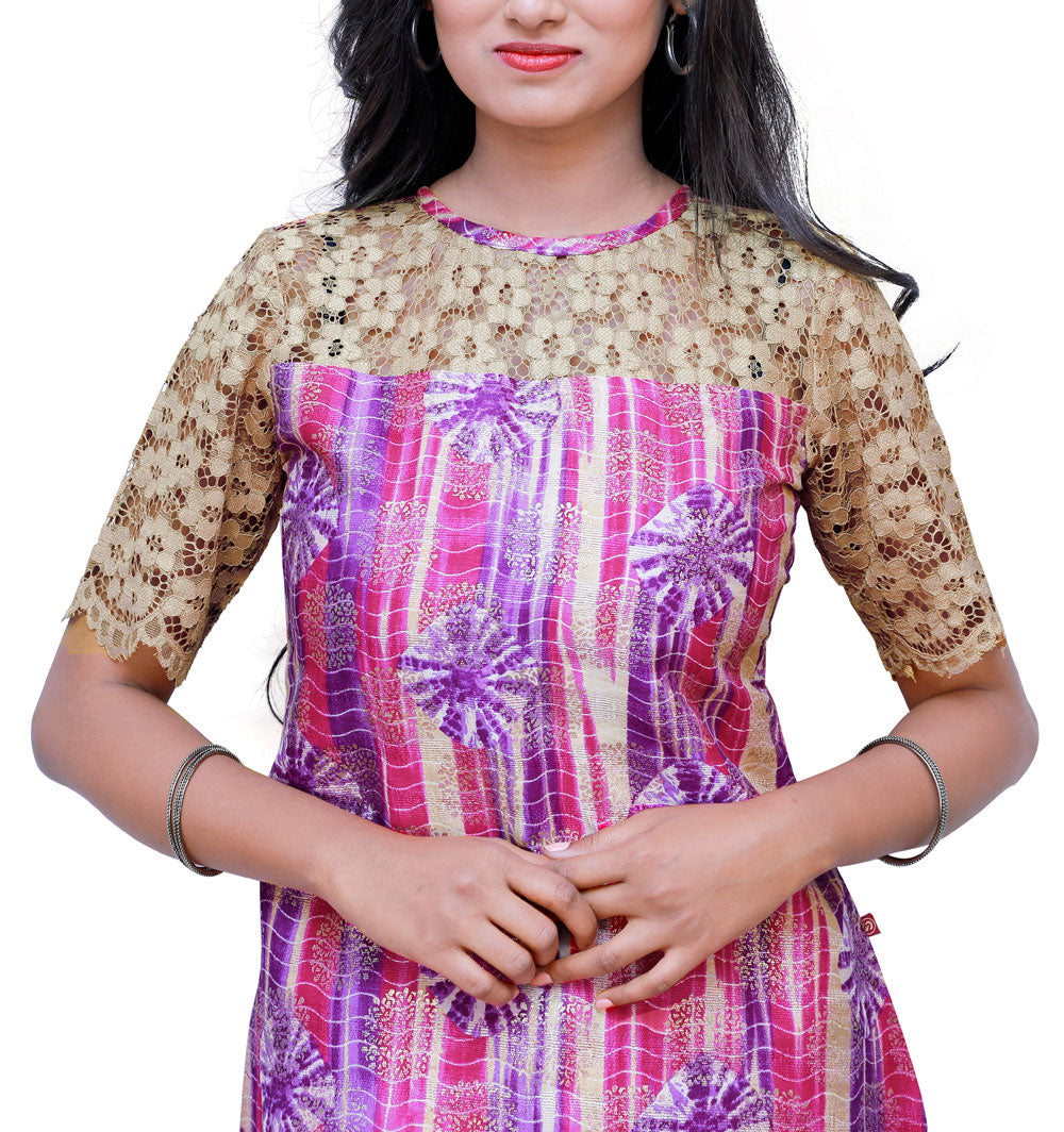 Pink and Violet Golden Print Kurti | S3K332