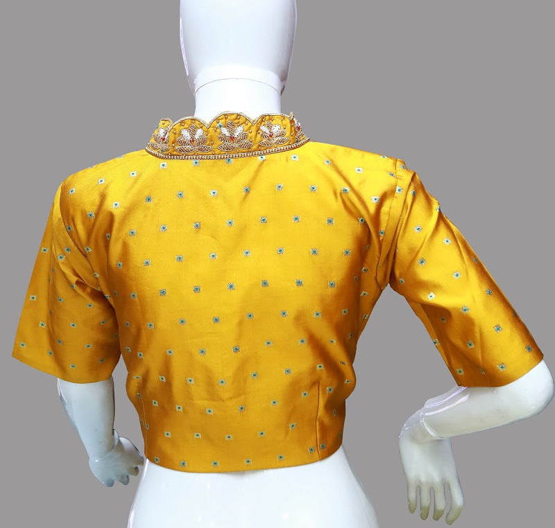 Half Circle High V Neck Yellow Maggam Work Blouse | S3MB54