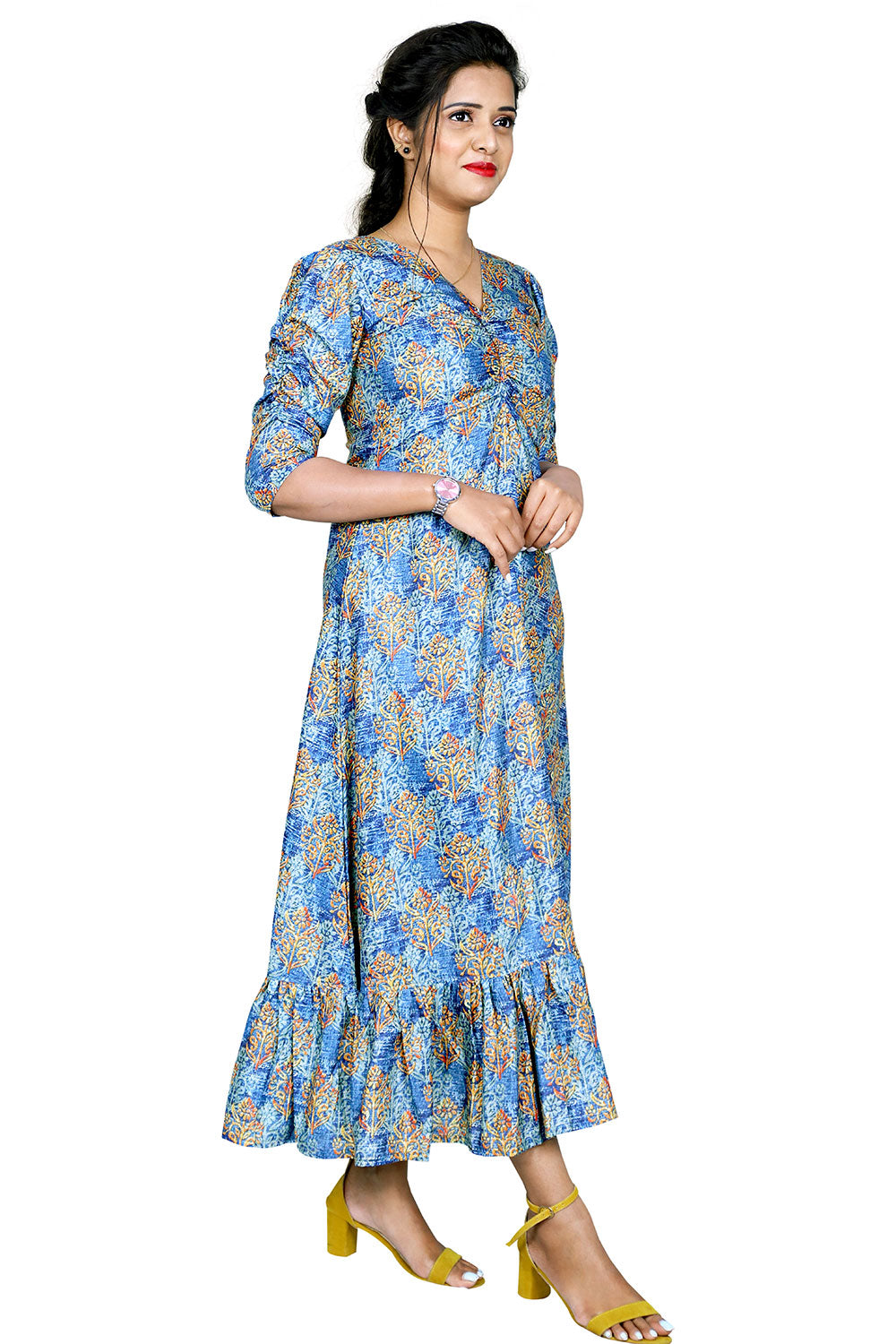 Blue Printed Maxi Dress – Elegant & Comfortable Long Dress for Women| S3K907
