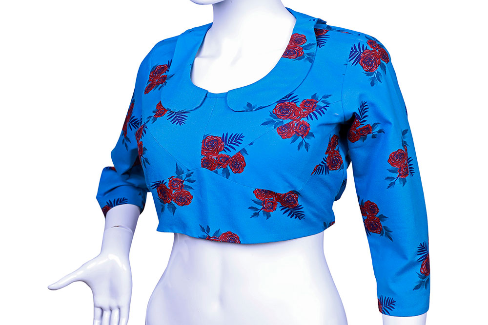 Peter Pan Collared Blue Printed Blouse – Smart & Chic Ethnic Fusion | S3 Fashions| S3B17