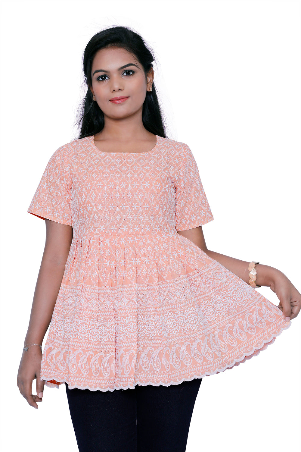 Orange Chikankari Waist Clinched Short Top β Elegant Everyday Fusion | S3 Fashions