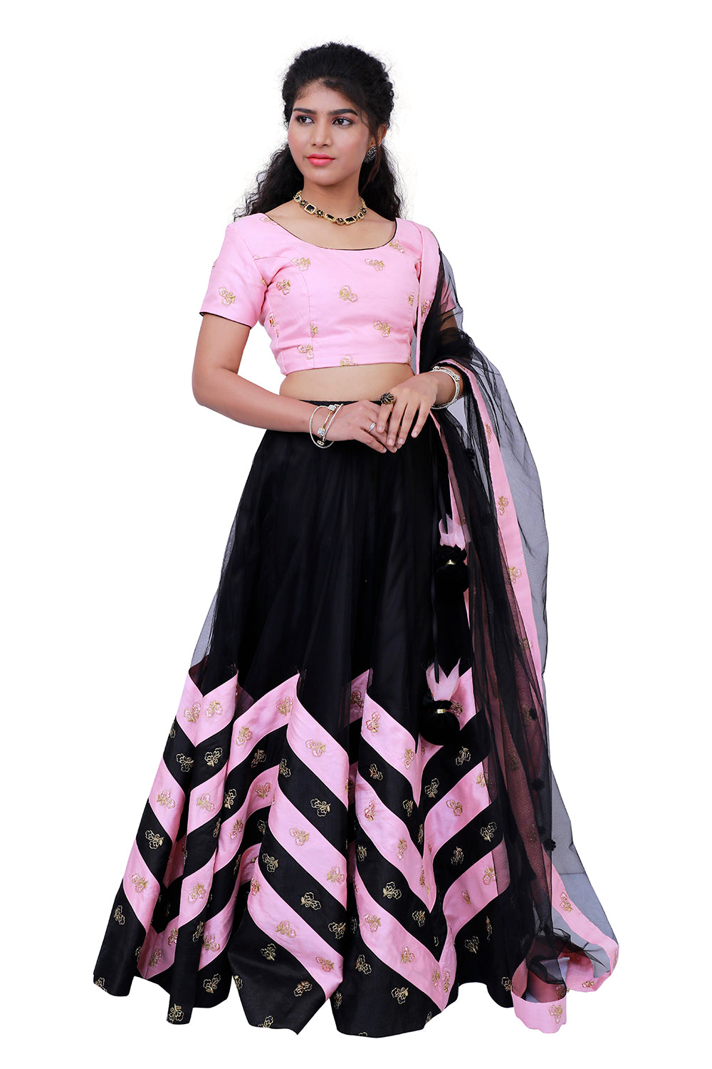 Black and Pink Netted Flared Lehenga Choli | S3BL783