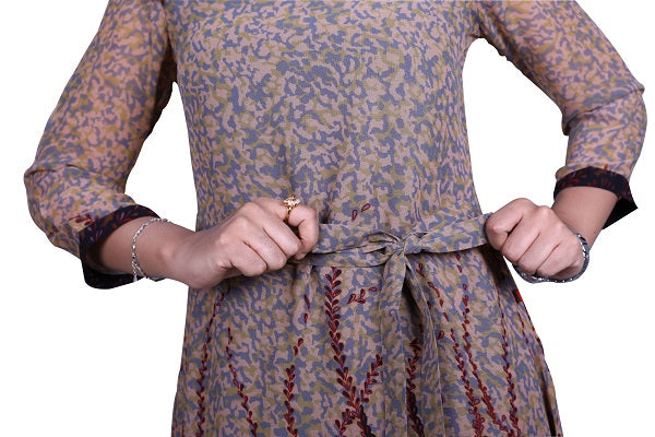 Grey and Maroon Abstract Print A-line Kurti | S3G880