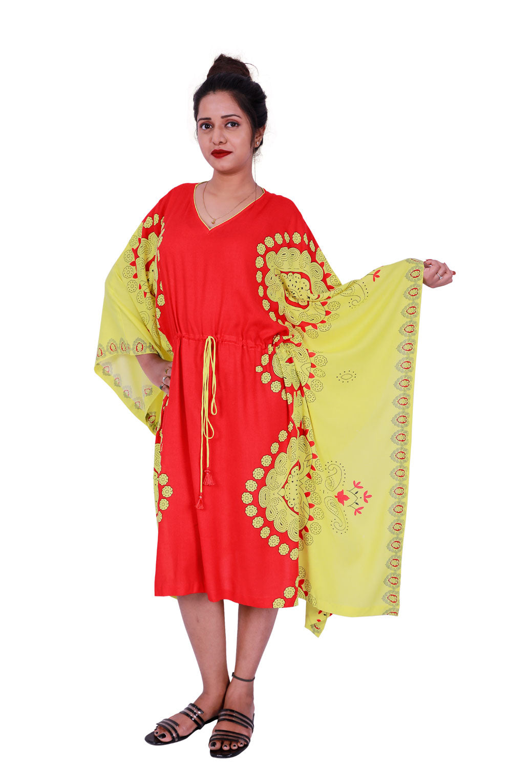 Red & Yellow Knee Length Kaftan | S3K614