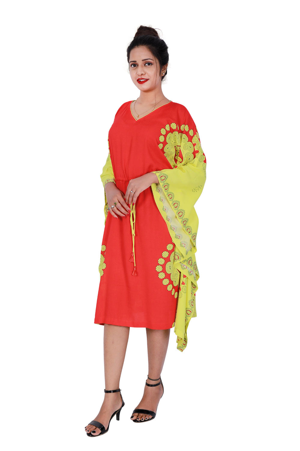Red & Yellow Knee Length Kaftan | S3K614
