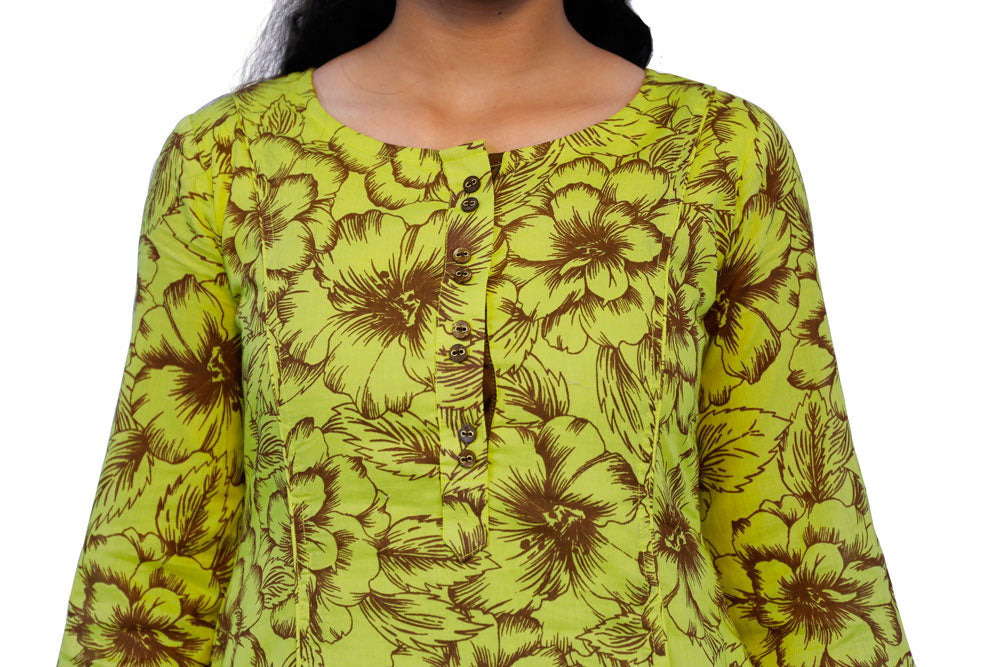 Yellow & Brown Floral Print Kurti | S3K288