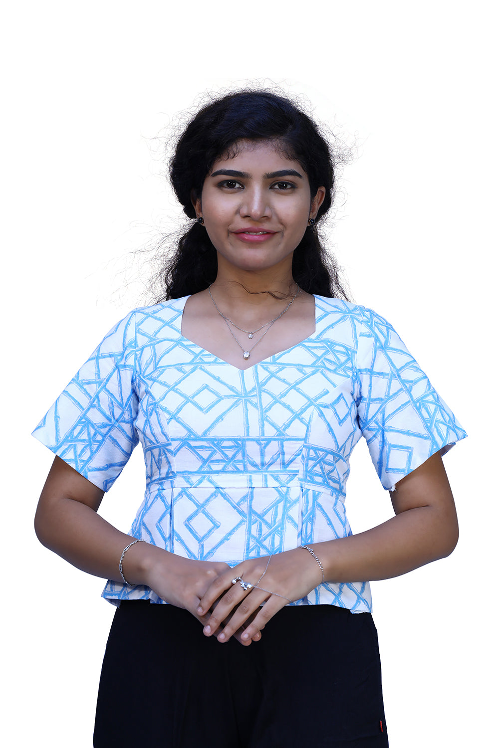 Women White and Blue Casual Printed Top | S3CT847