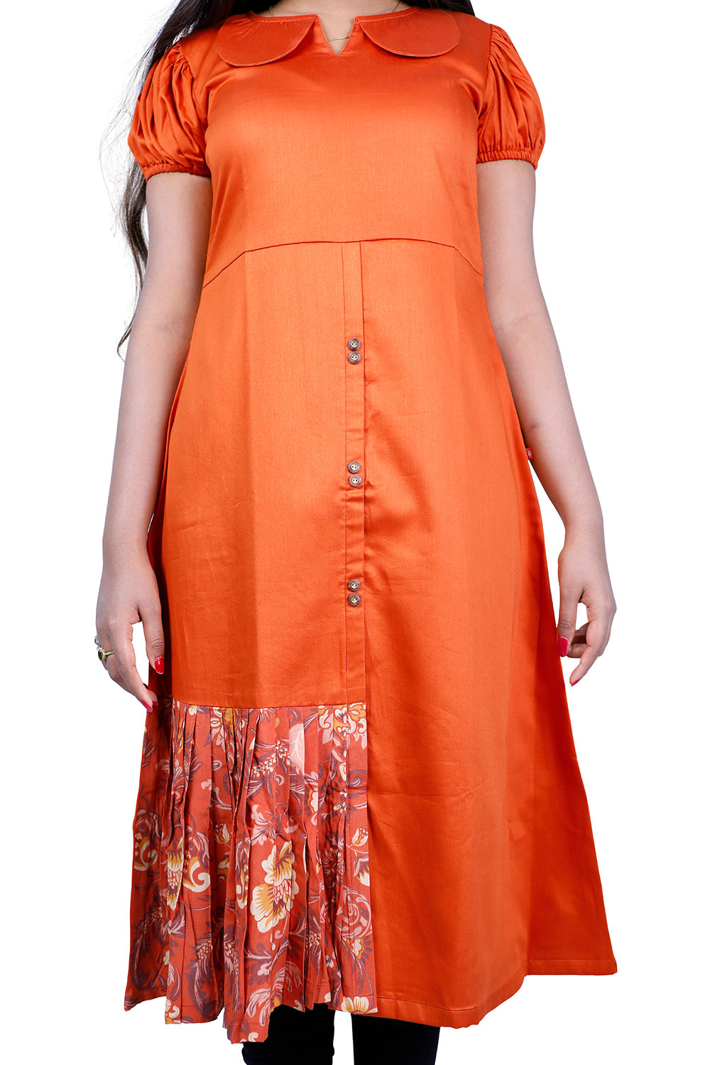 Peter pan Collar Neck with Floral Print Gathered Patch Indo Western Kurti | S3W181