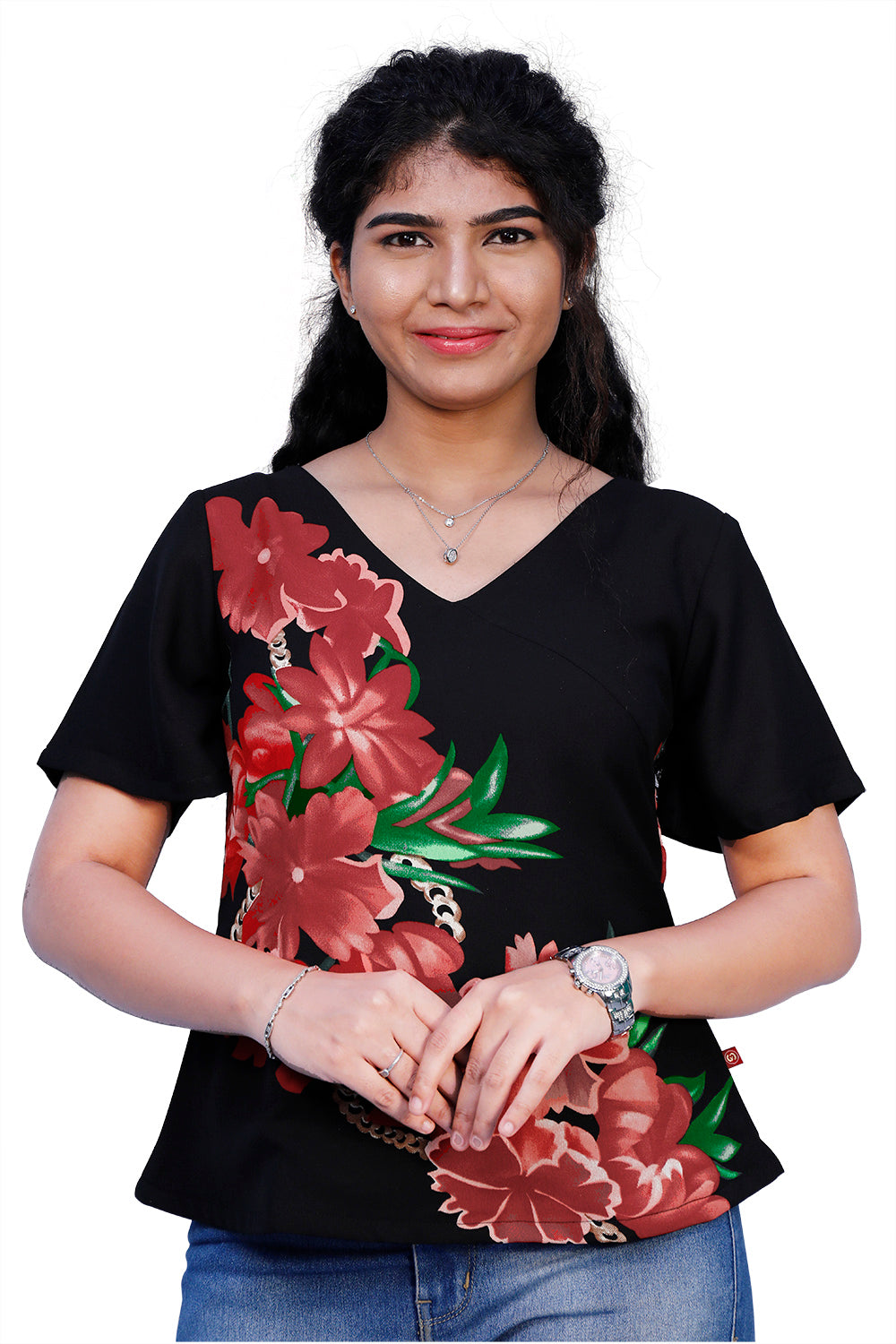 Casual Floral Print Black Top for Women β Elegant, Comfortable & Versatile | S3ST241