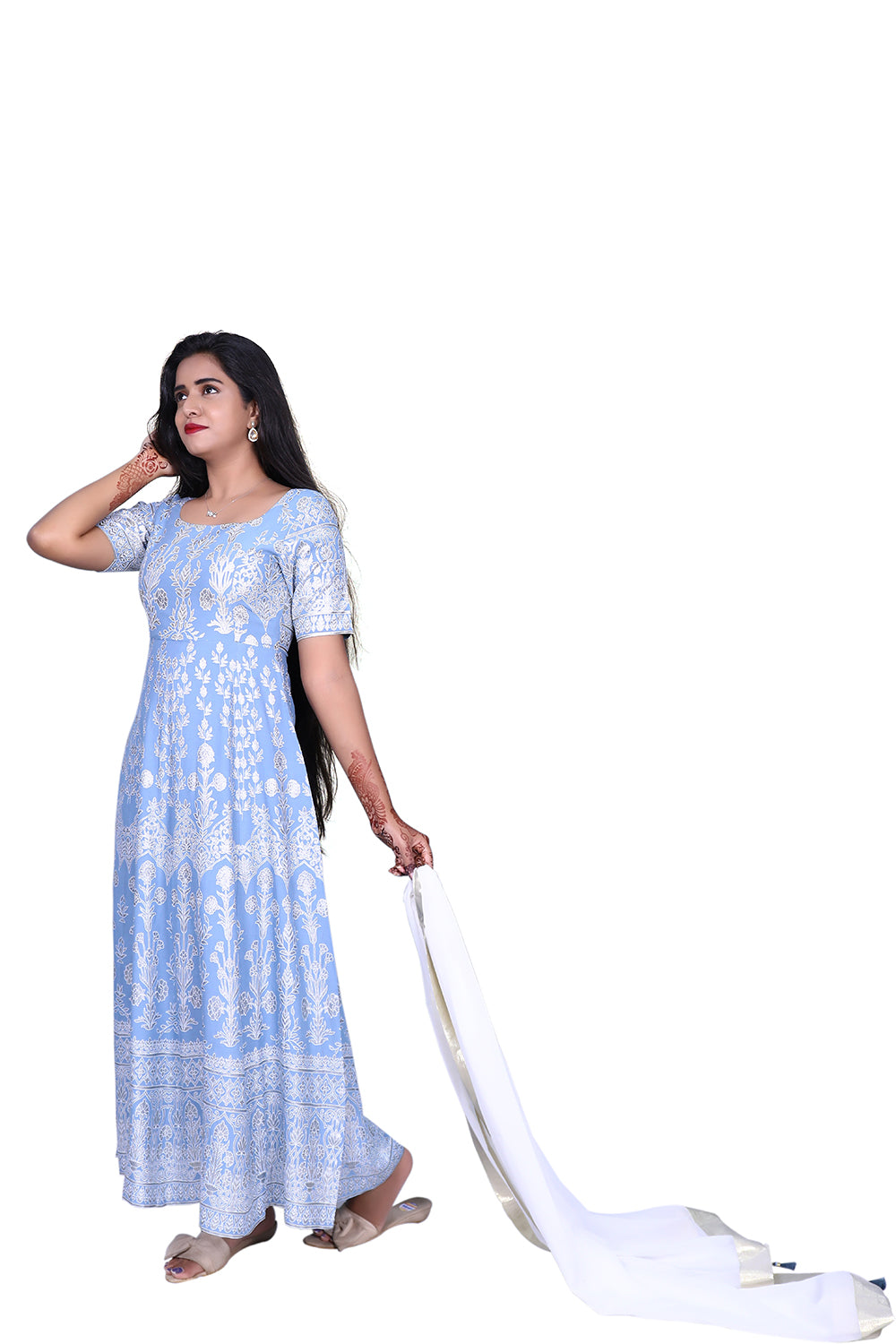 Womens Stone Blue Floral Printed Anarkali Dress with Dupatta | S3G979