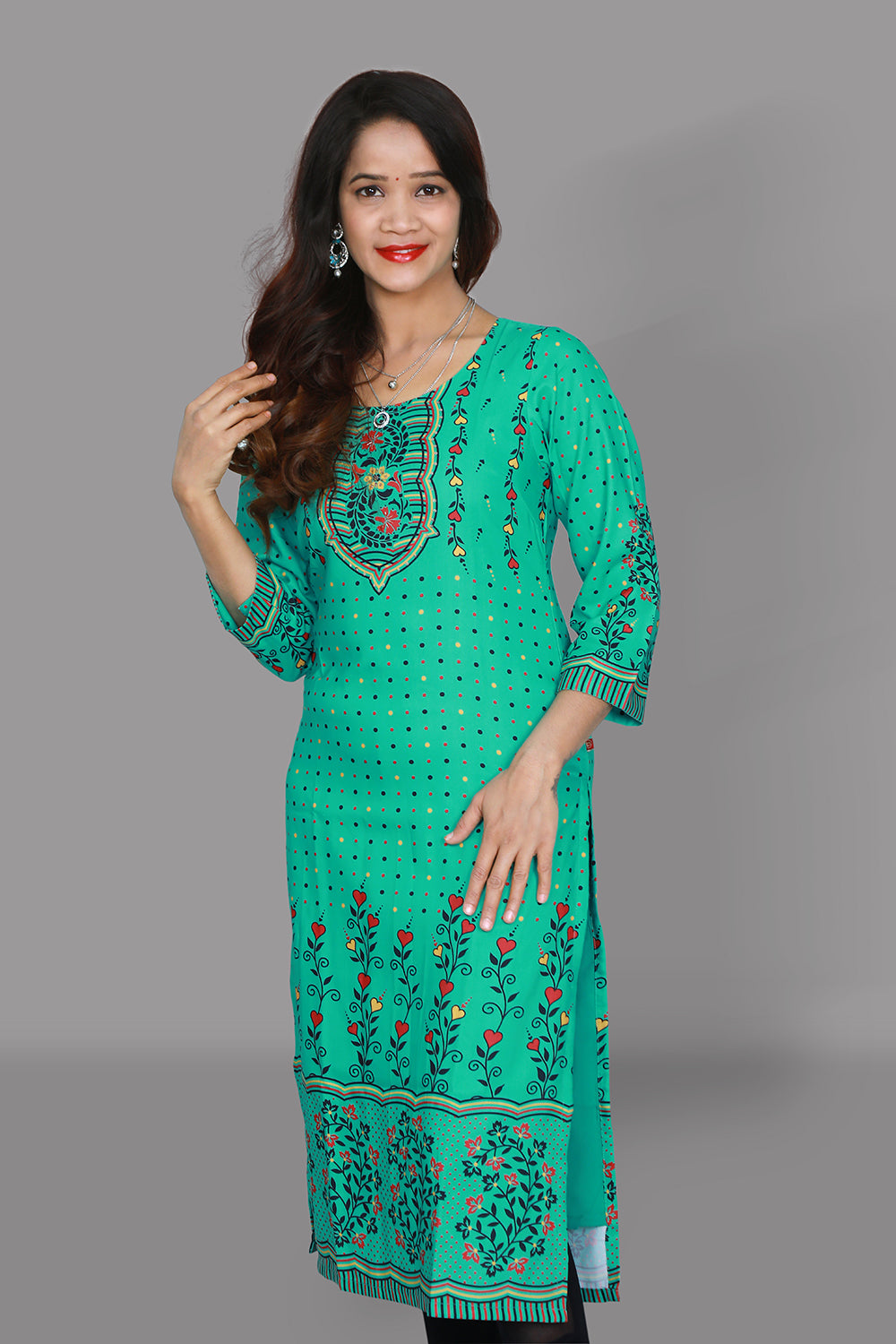 Spring Green Printed Straight Fit Kurti | S3K1010