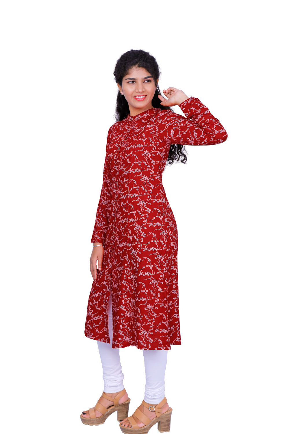Women Floral Print Rayon A-line Kurta (Red) | S3K296