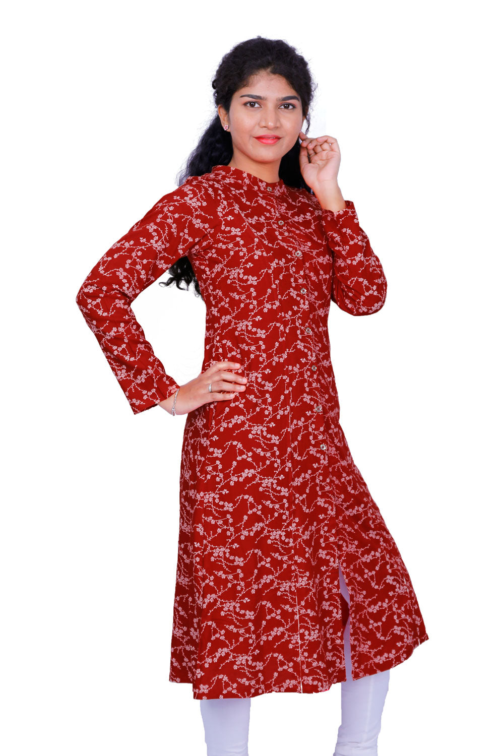 Women Floral Print Rayon A-line Kurta (Red) | S3K296