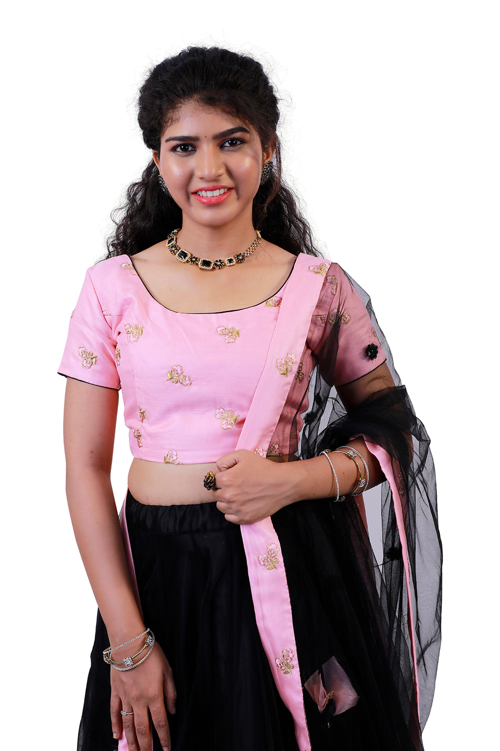 Black and Pink Netted Flared Lehenga Choli | S3BL783