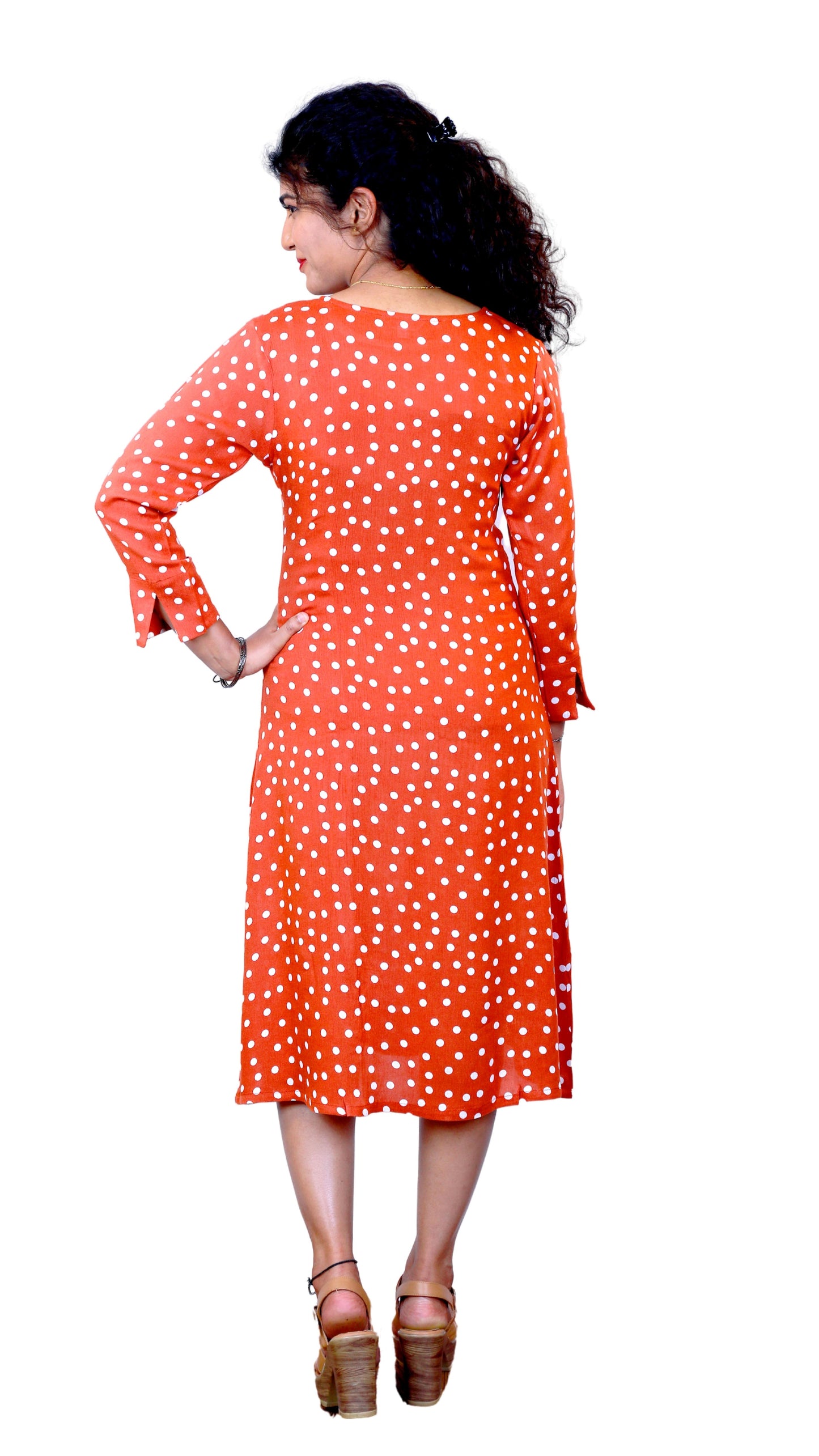 Women's A-Line Dress in Orange with Polka Dot Print | S3K98