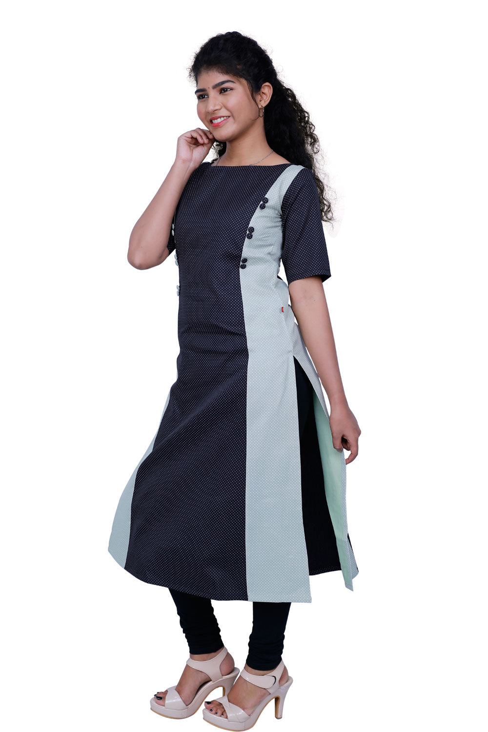 Women Polka Print Cotton Blend Straight Kurta (Black) | S3K521