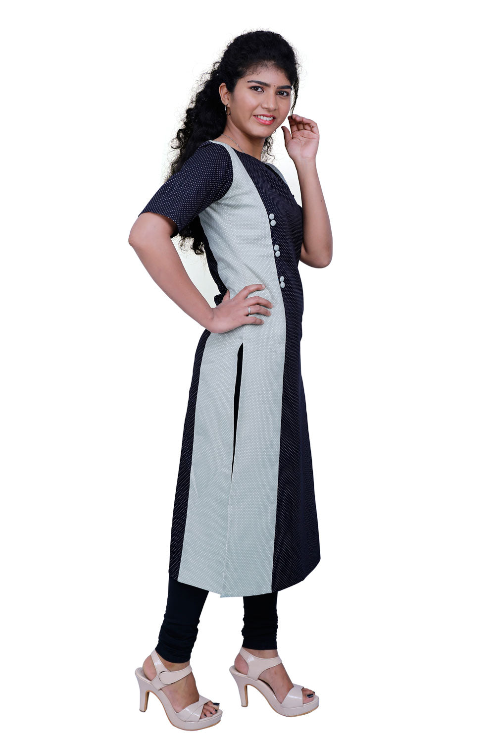 Women Polka Print Cotton Blend Straight Kurta (Black) | S3K521