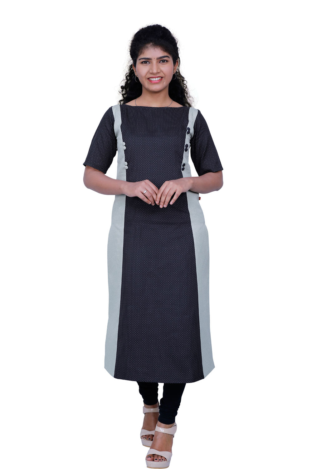 Women Polka Print Cotton Blend Straight Kurta (Black) | S3K521