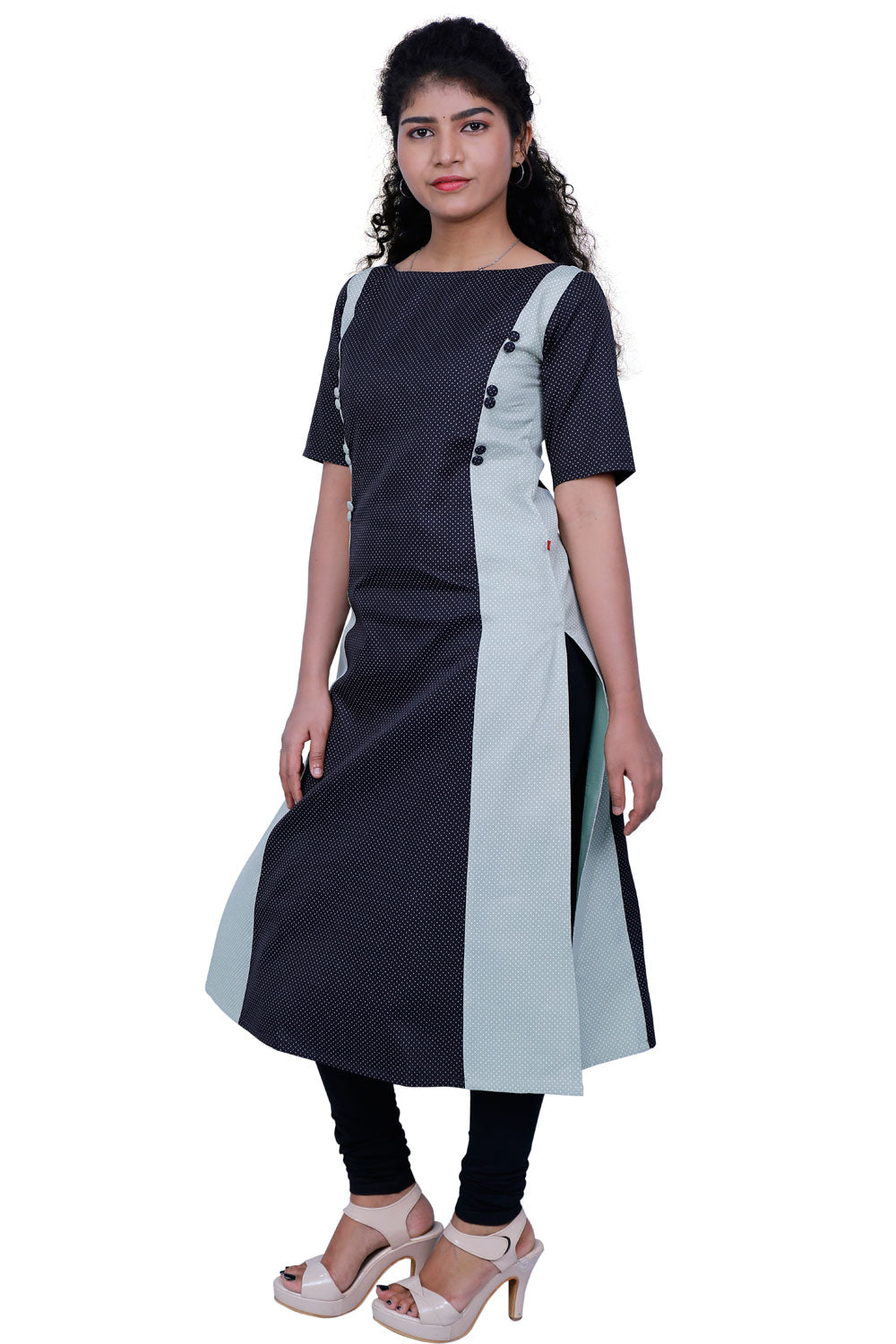 Women Polka Print Cotton Blend Straight Kurta (Black) | S3K521