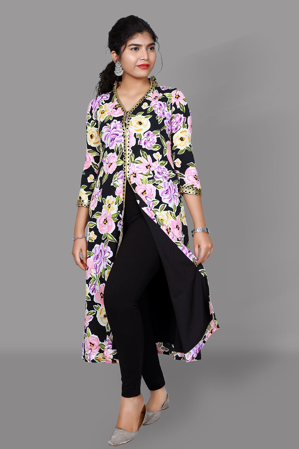 Black Floral Print A-Line Kurti with Middle Slit | Elegant Ethnic Fusion Wear| S3K1019