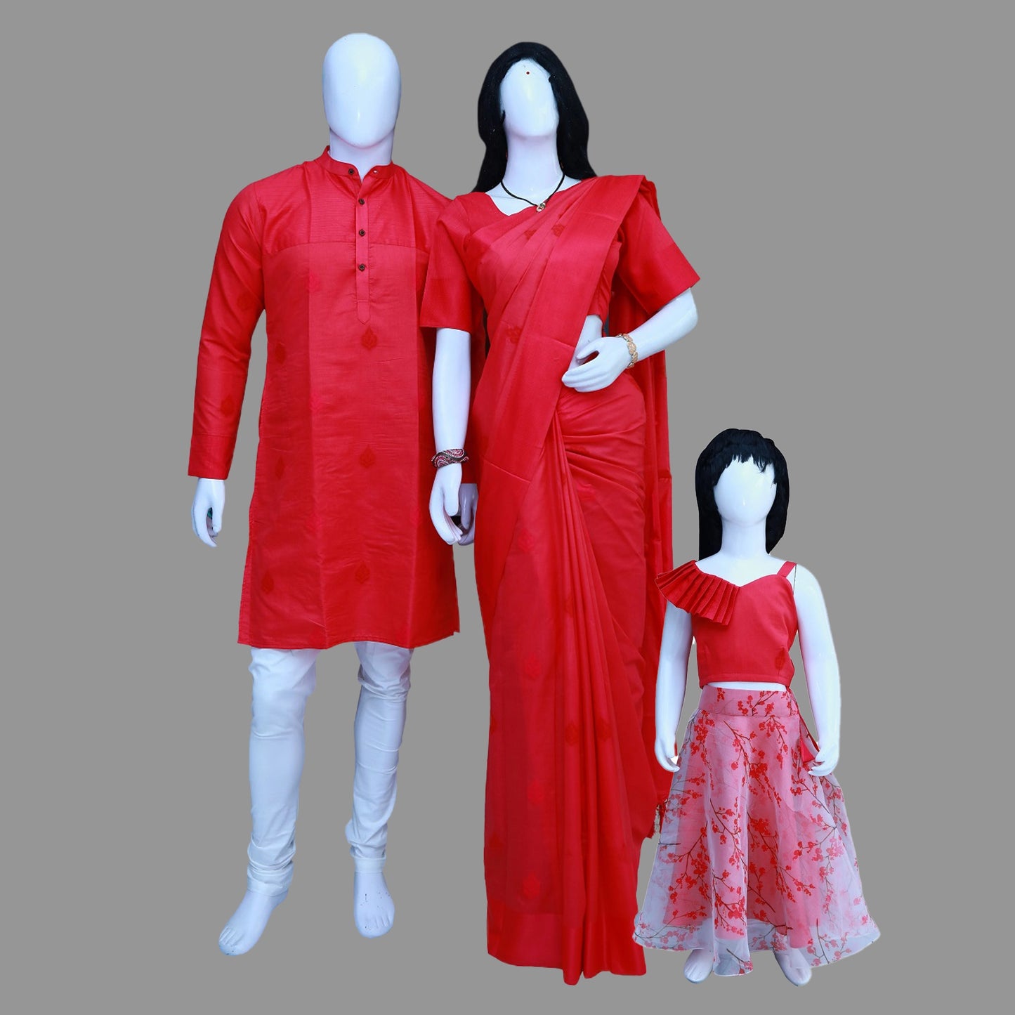 Family Combo – Pink Saree, Men’s Kurta & Baby Girl Top-Skirt Set | S3 Fashions | S3MSG