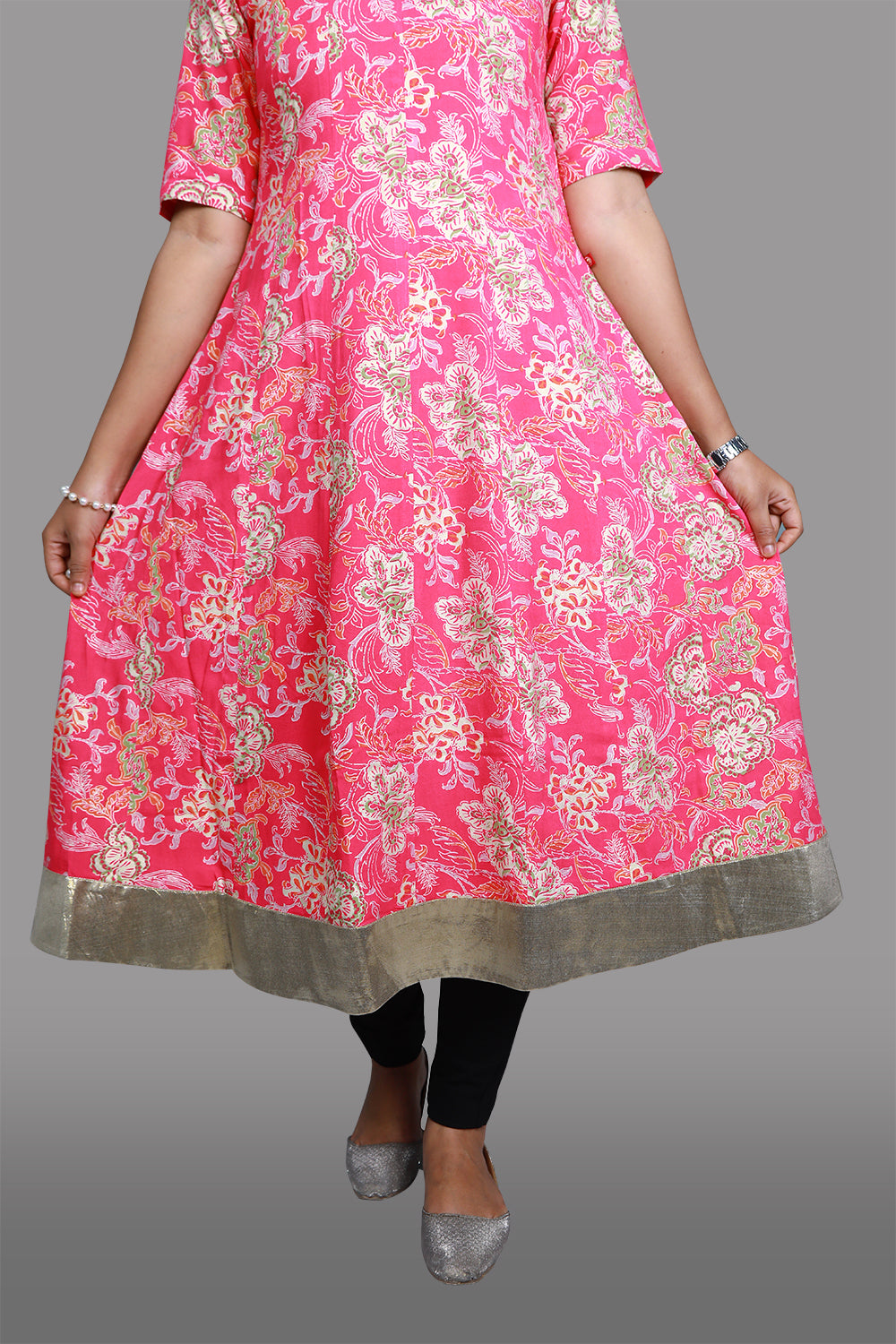 Pink Floral Print A-Line Kurti | Feminine & Flowy Ethnic Wear | S3K1017