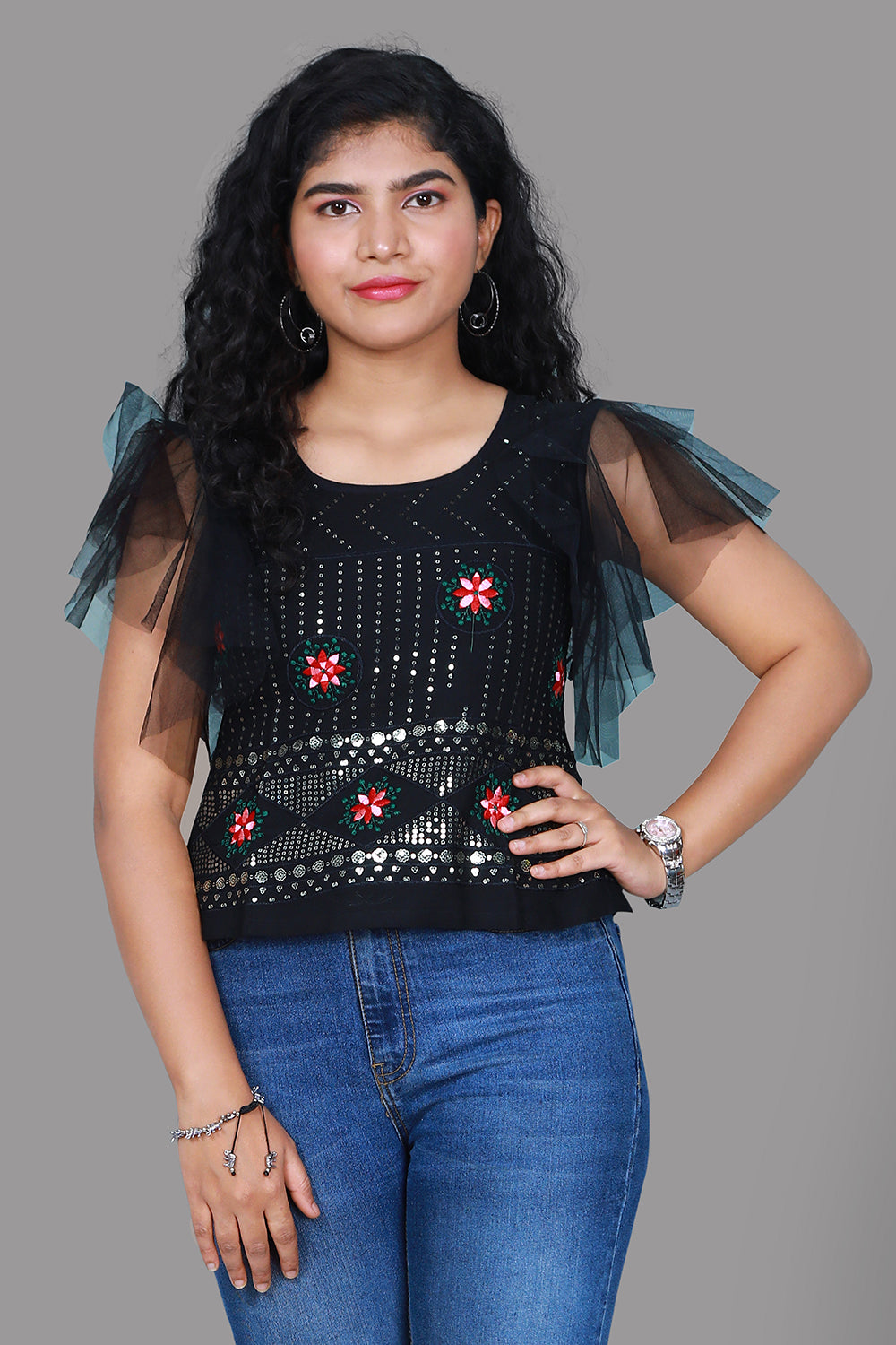 Black Sequin Short Top | S3K976