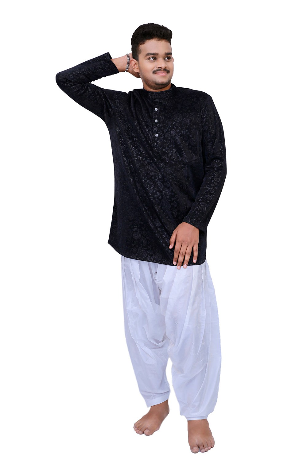 Men Black & White Ethnic Motifs Woven Design Kurta with Patiala Salwar | S3KPK1151