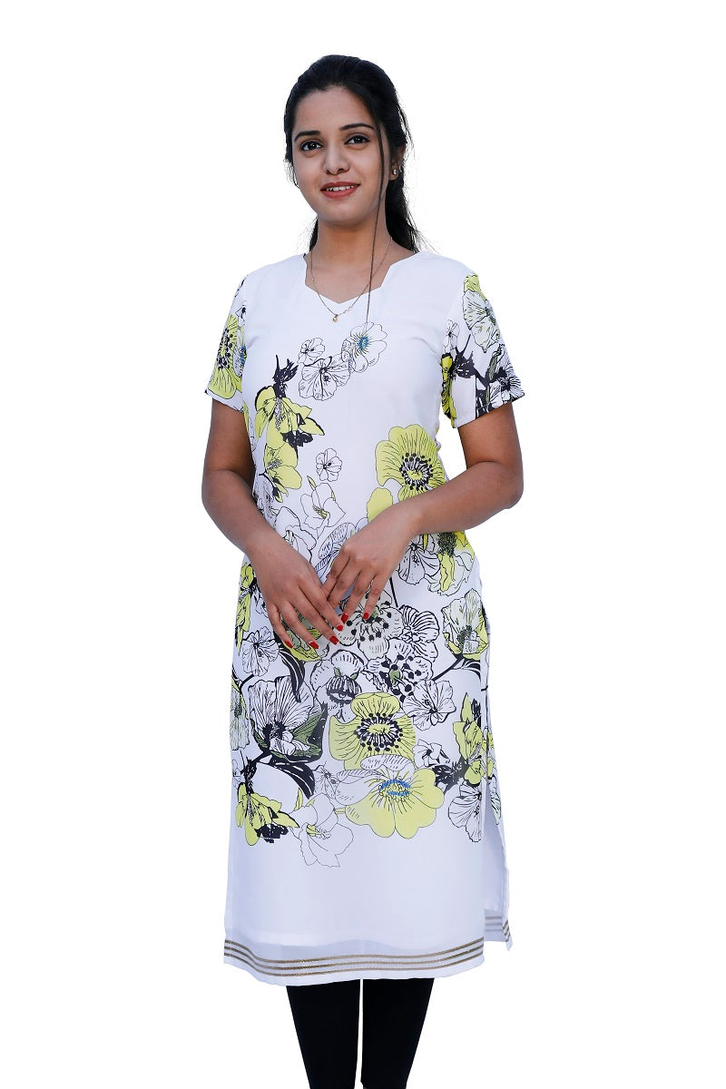 White Floral Printed Straight Kurti | S3K537