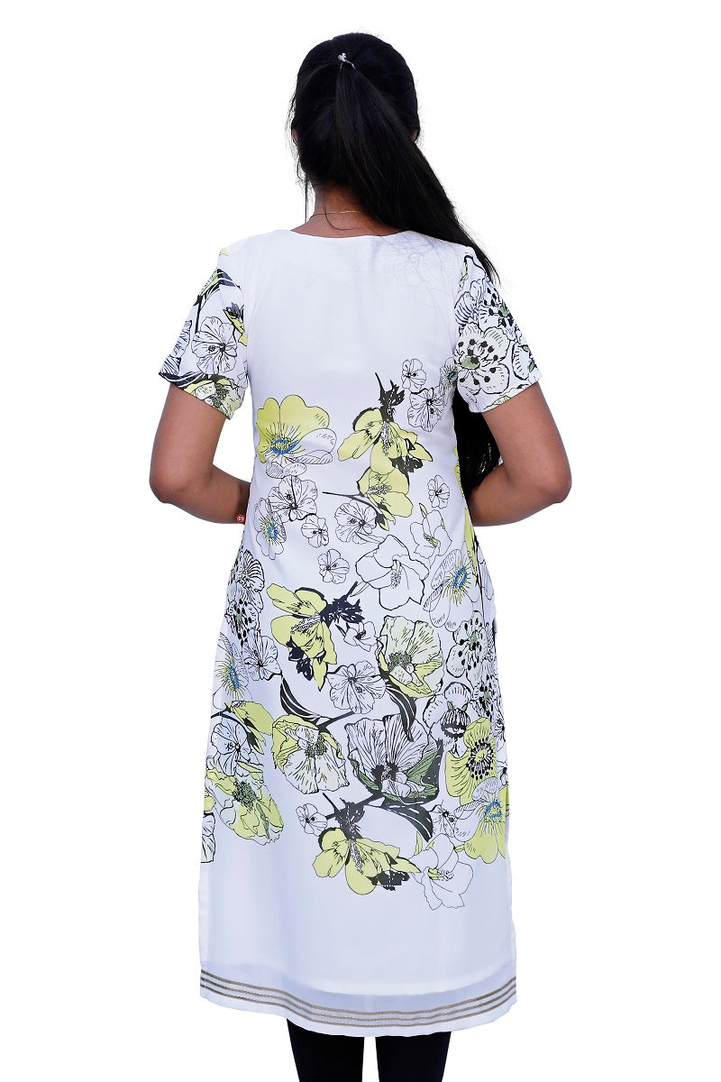 White Floral Printed Straight Kurti | S3K537