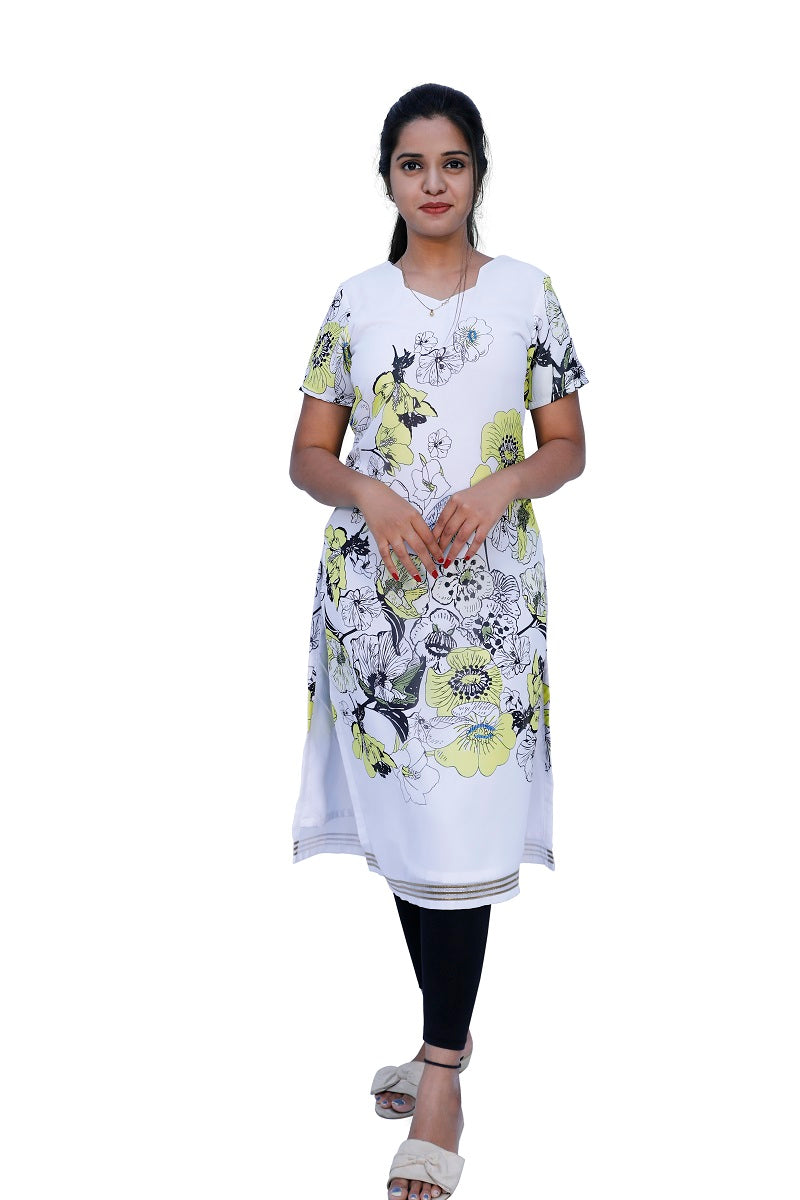 White Floral Printed Straight Kurti | S3K537