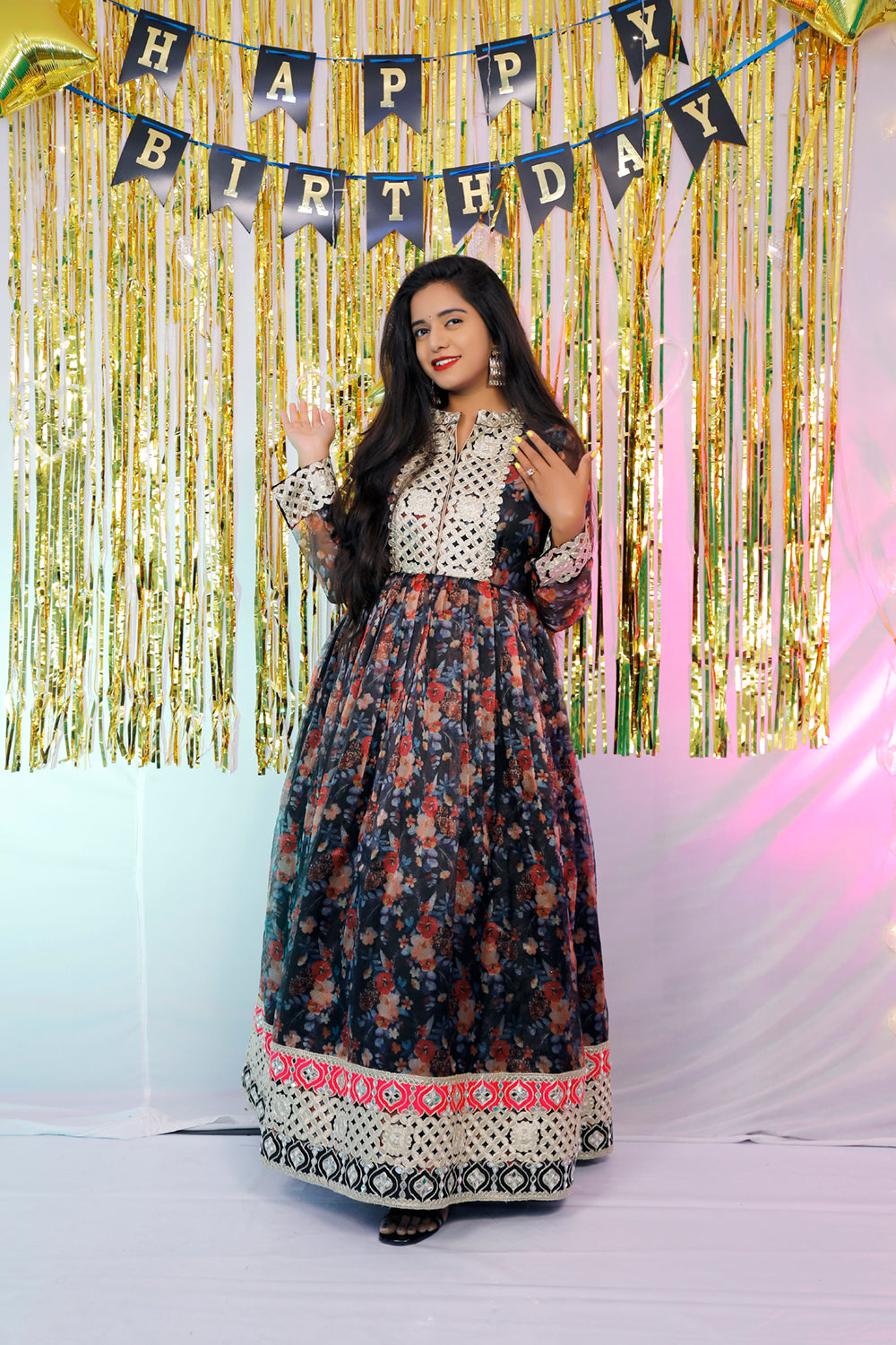 Black Floral Organza Party Wear Gown | S3G7792