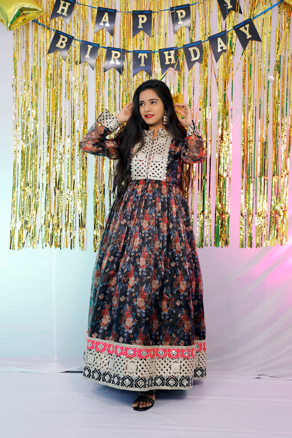 Black Floral Organza Party Wear Gown | S3G7792