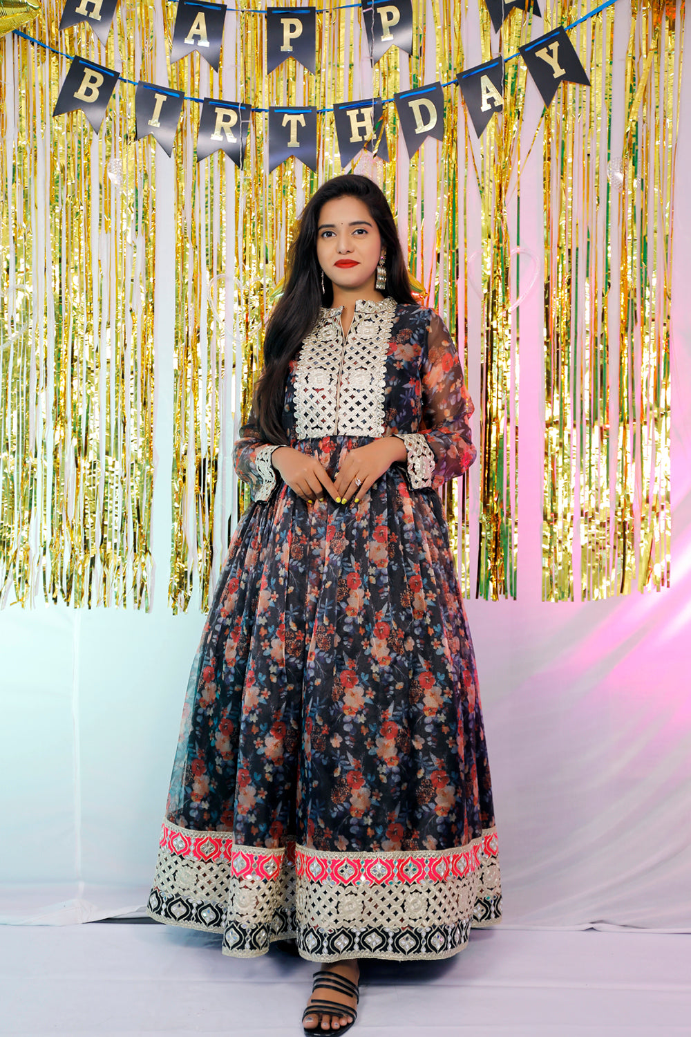 Black Floral Organza Party Wear Gown | S3G7792
