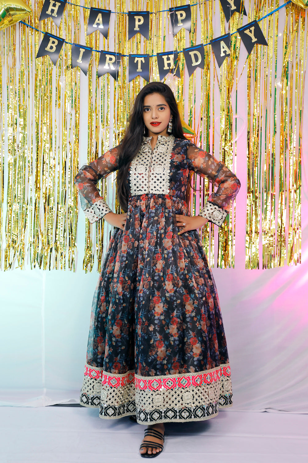 Black Floral Organza Party Wear Gown | S3G7792