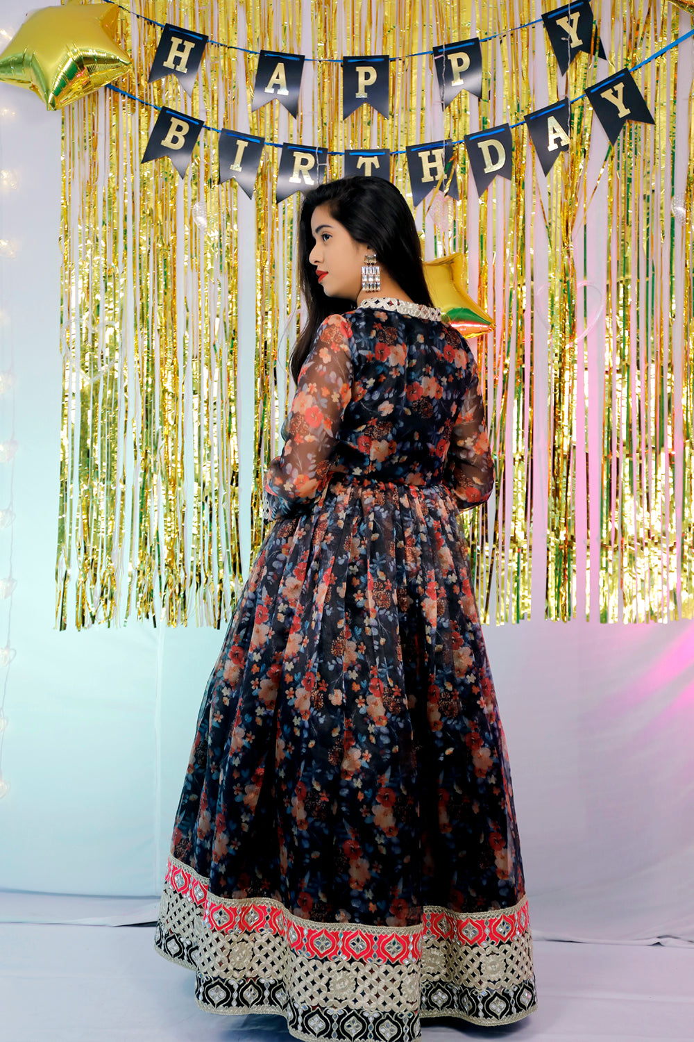 Black Floral Organza Party Wear Gown | S3G7792