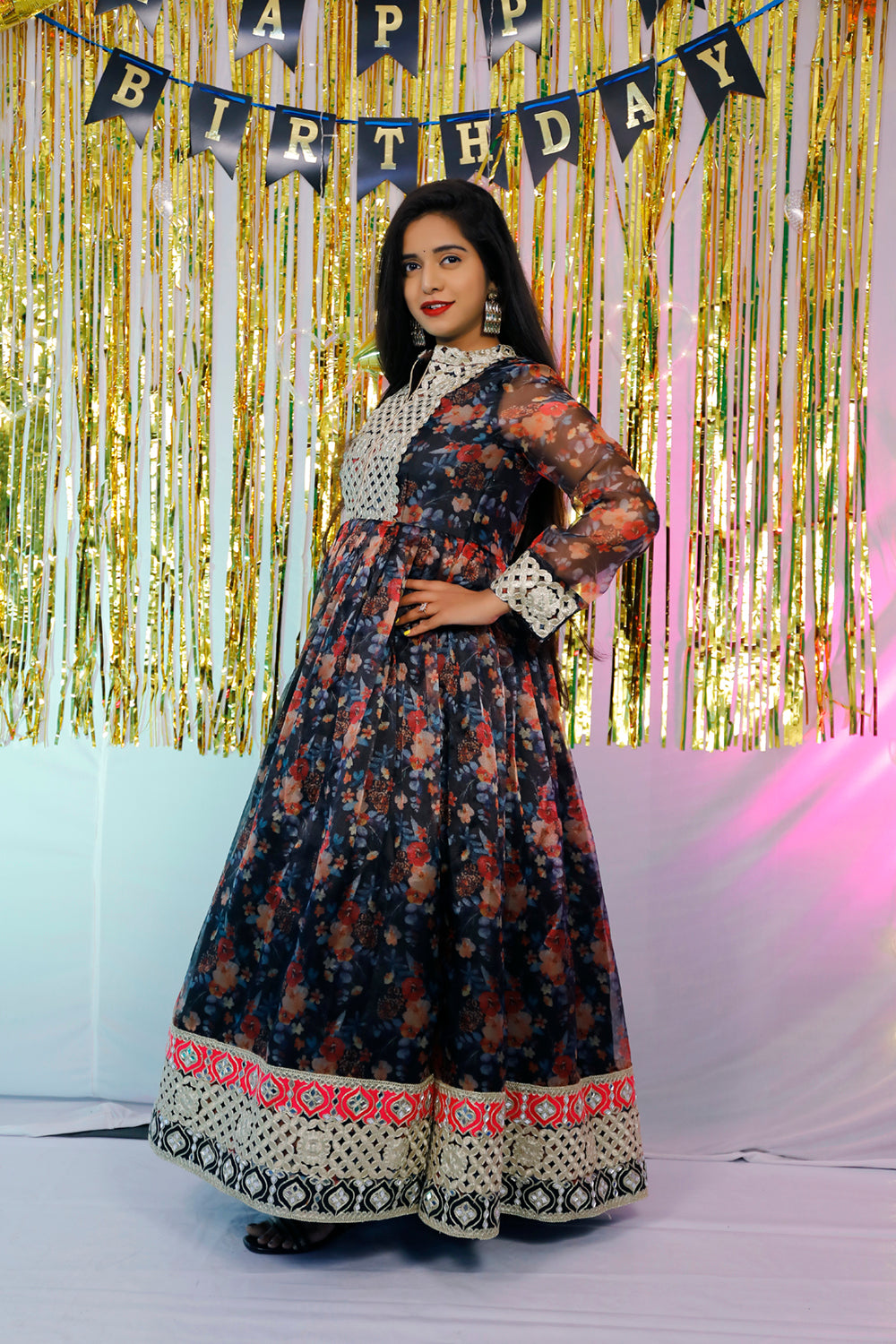 Black Floral Organza Party Wear Gown | S3G7792