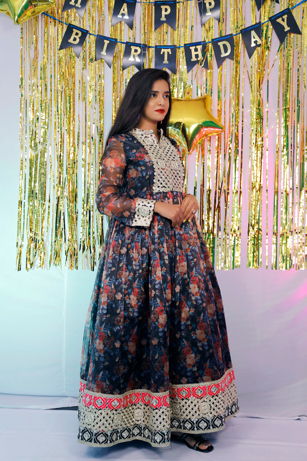 Black Floral Organza Party Wear Gown | S3G7792