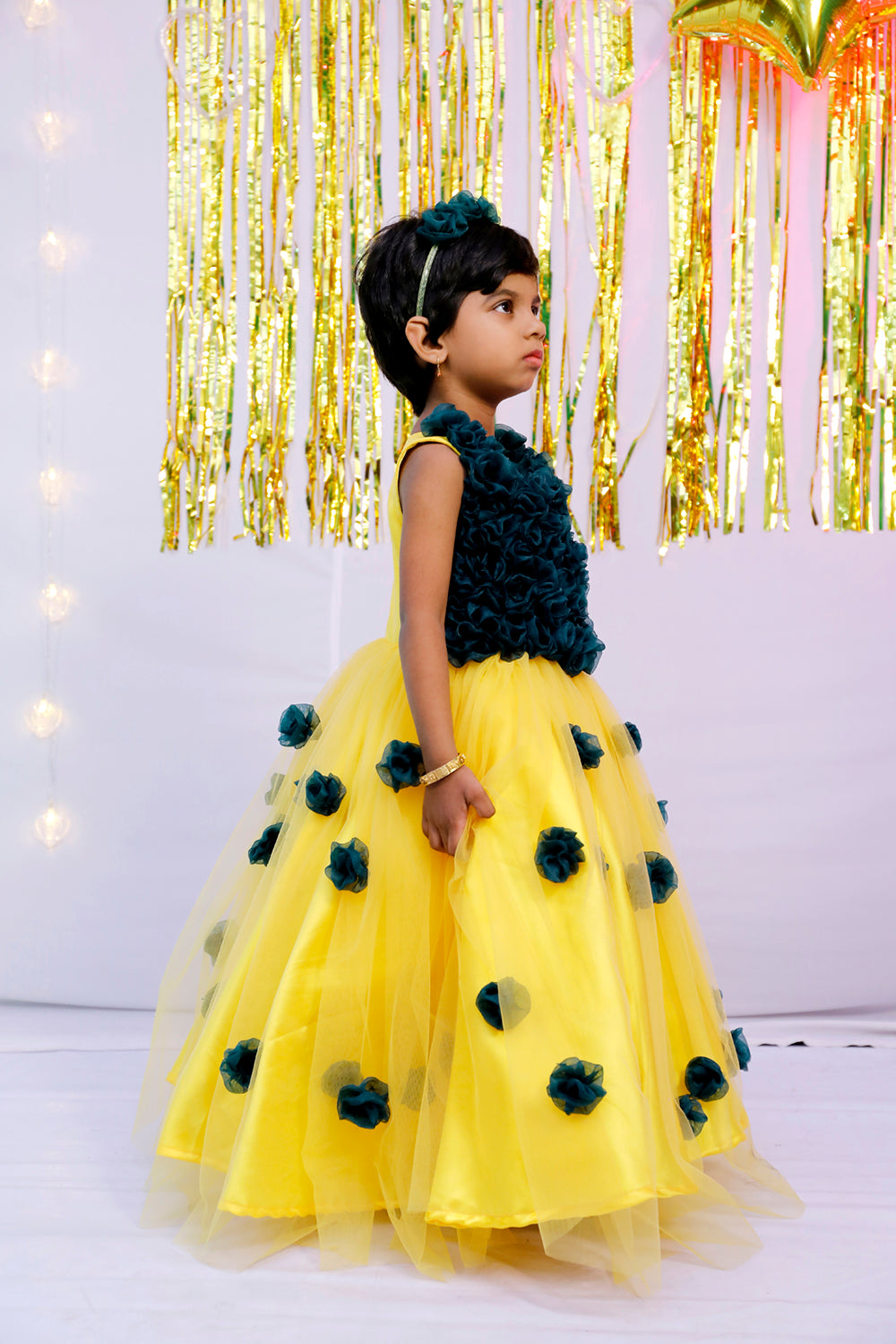 Yellow And Green Netted Frock | S3G4749