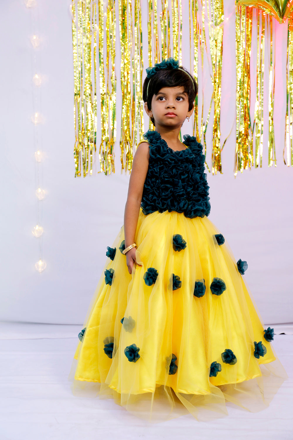 Yellow And Green Netted Frock | S3G4749