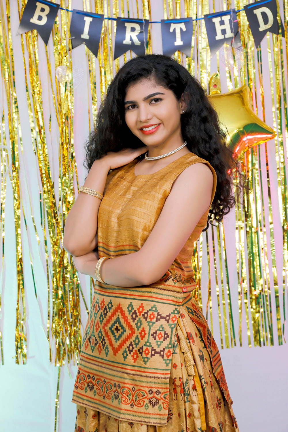Gold long crop with skirt printed designs