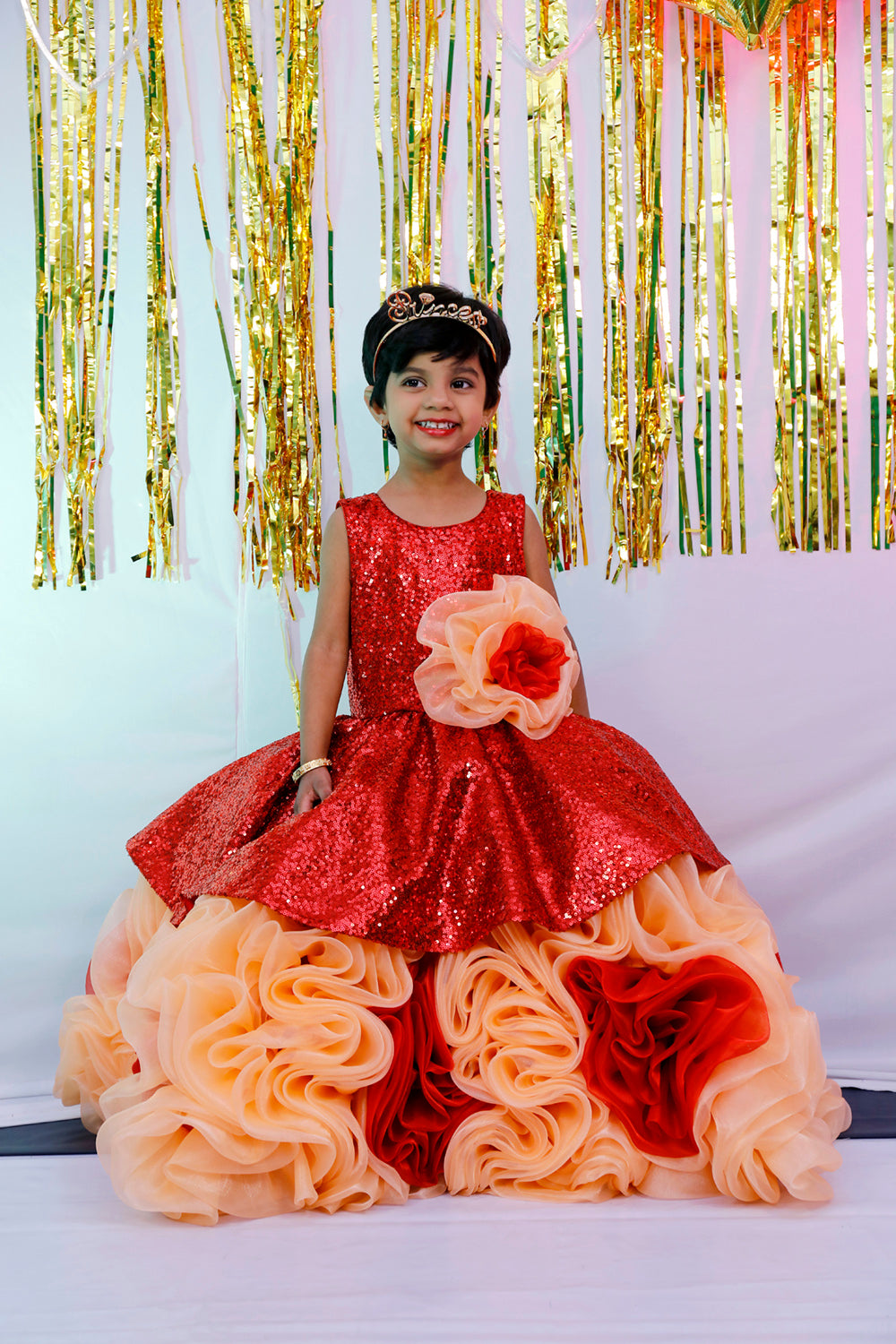 Cream&Red Netted Baby Girl Sleeveless Frock | S3G4895