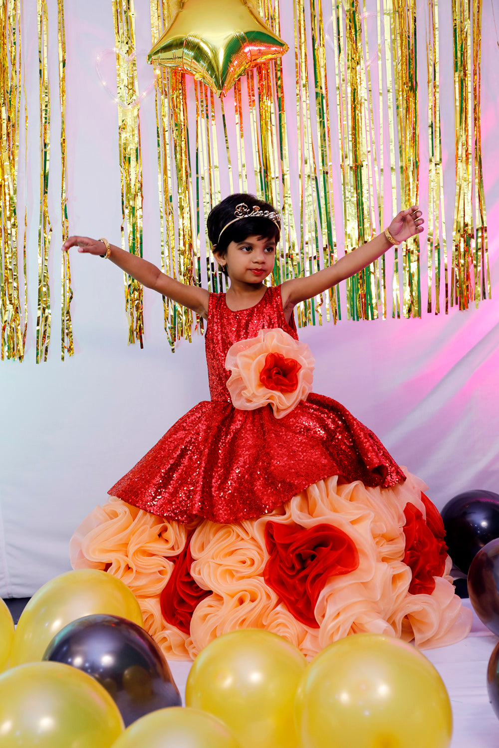 Cream&Red Netted Baby Girl Sleeveless Frock | S3G4895