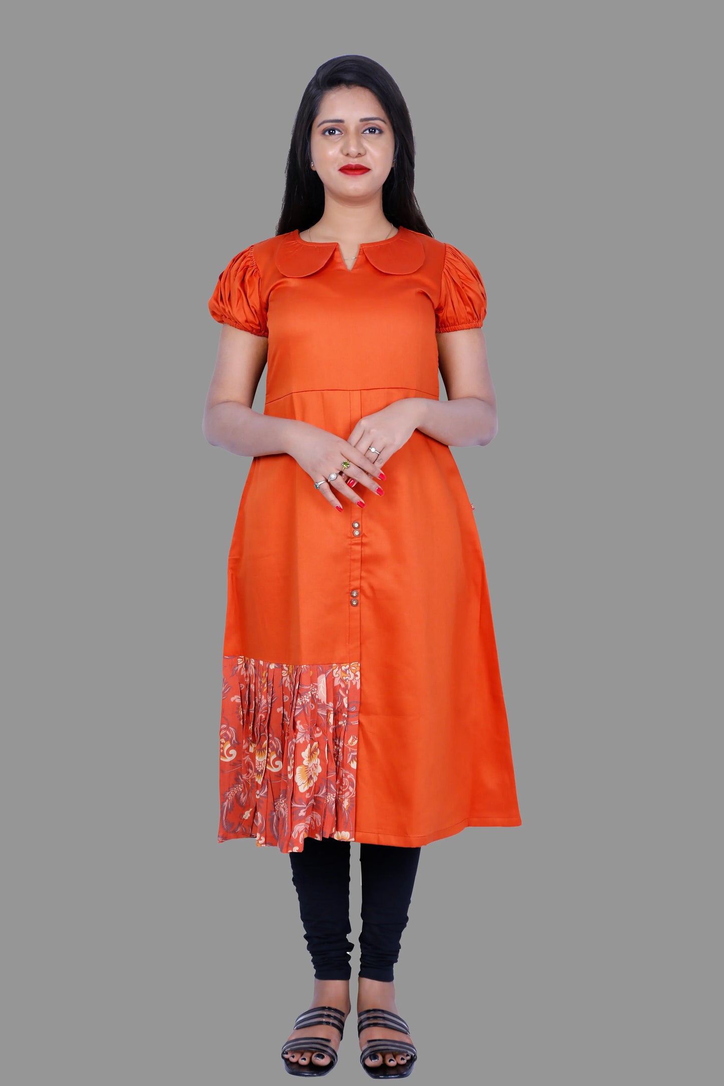 Peter pan Collar Neck with Floral Print Gathered Patch Indo Western Kurti | S3W181