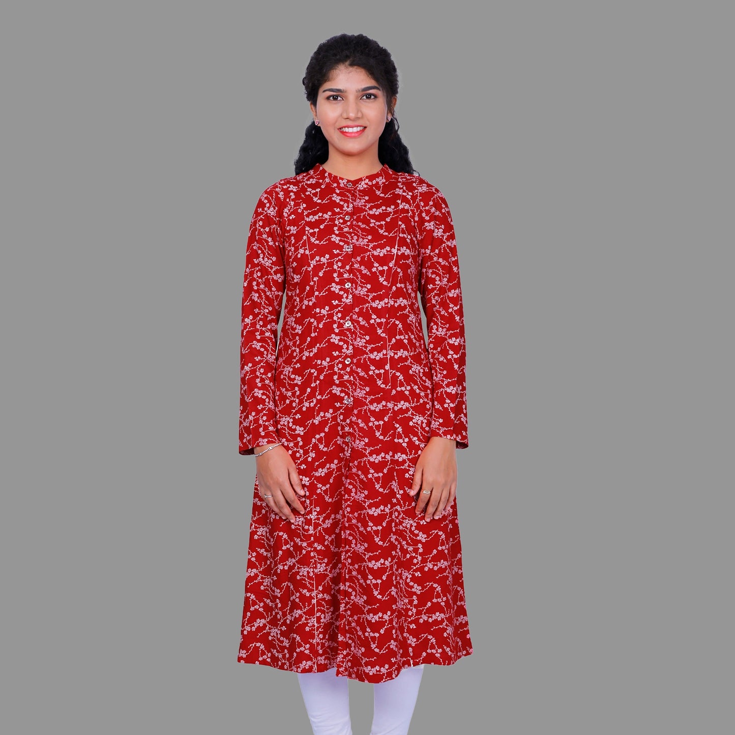 Women Floral Print Rayon A-line Kurta (Red) | S3K296