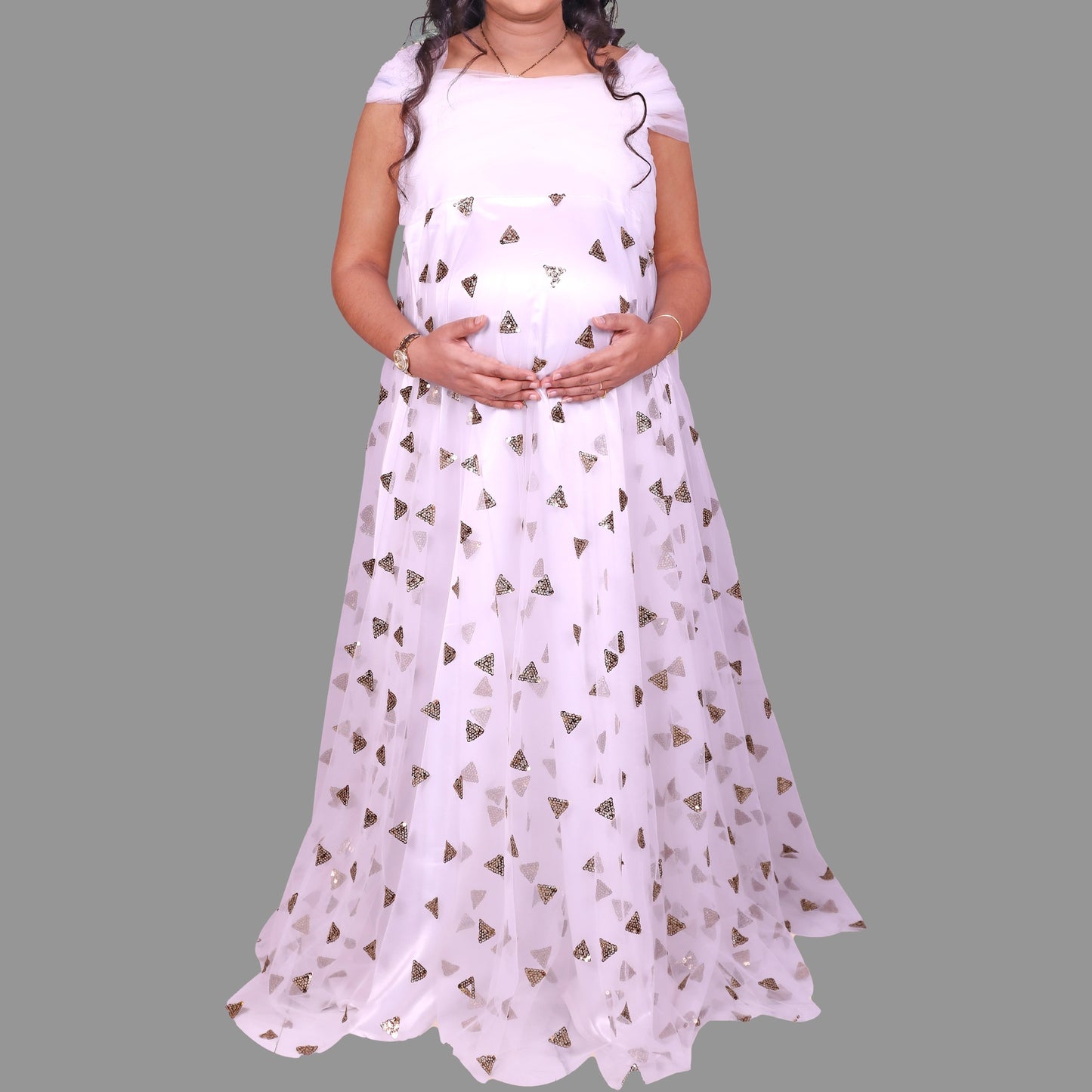 Half Shoulder With Triangle Sequin Detailing White Maternity Dress. | S3MG1023