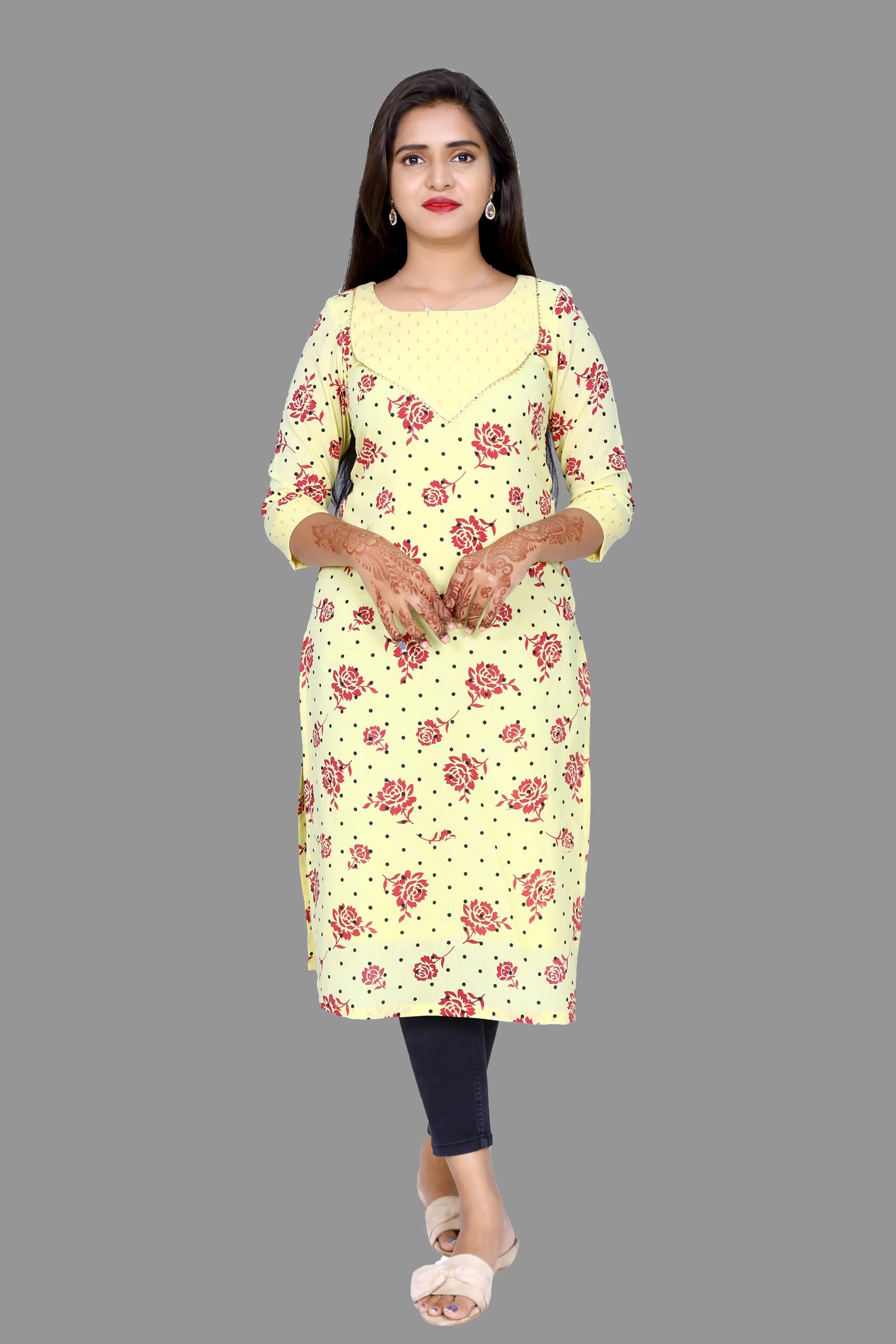 YELLOW FLORAL PRINT KURTI | S3K974