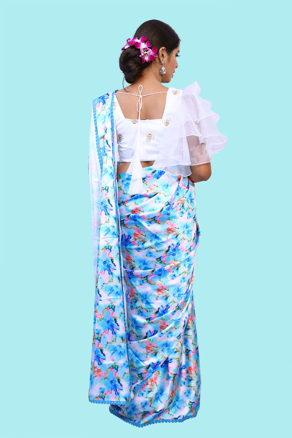 Light Blue Satin Floral Print Saree with White Ruffled hands blouse. | S3S2