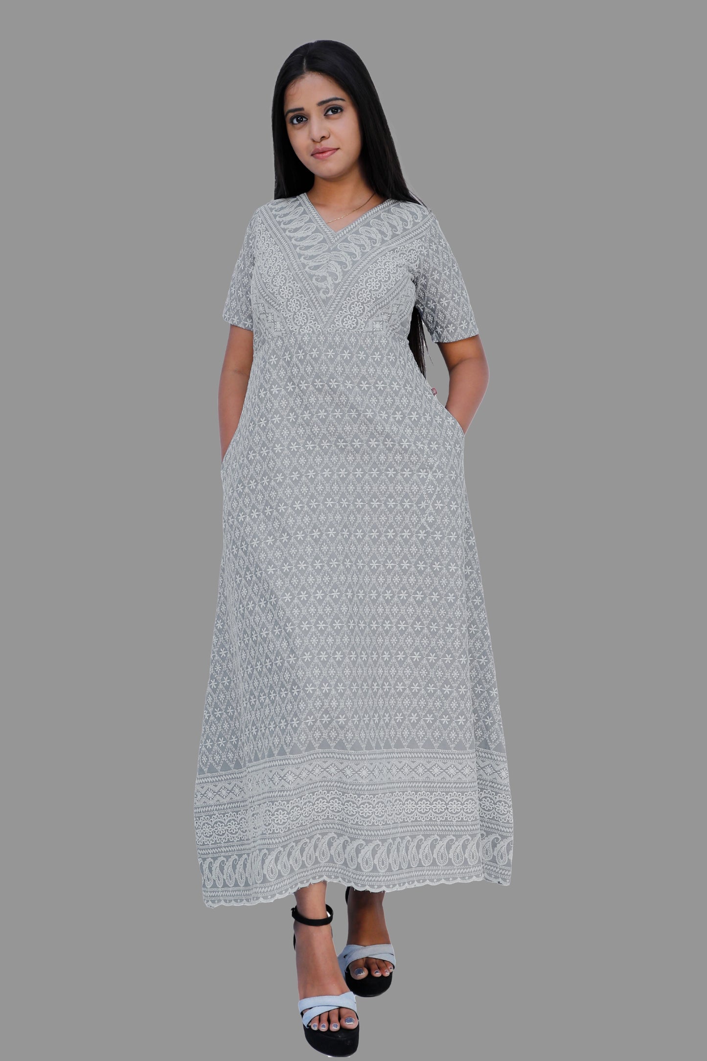 Women Chikan Embroidery Gown | S3G634