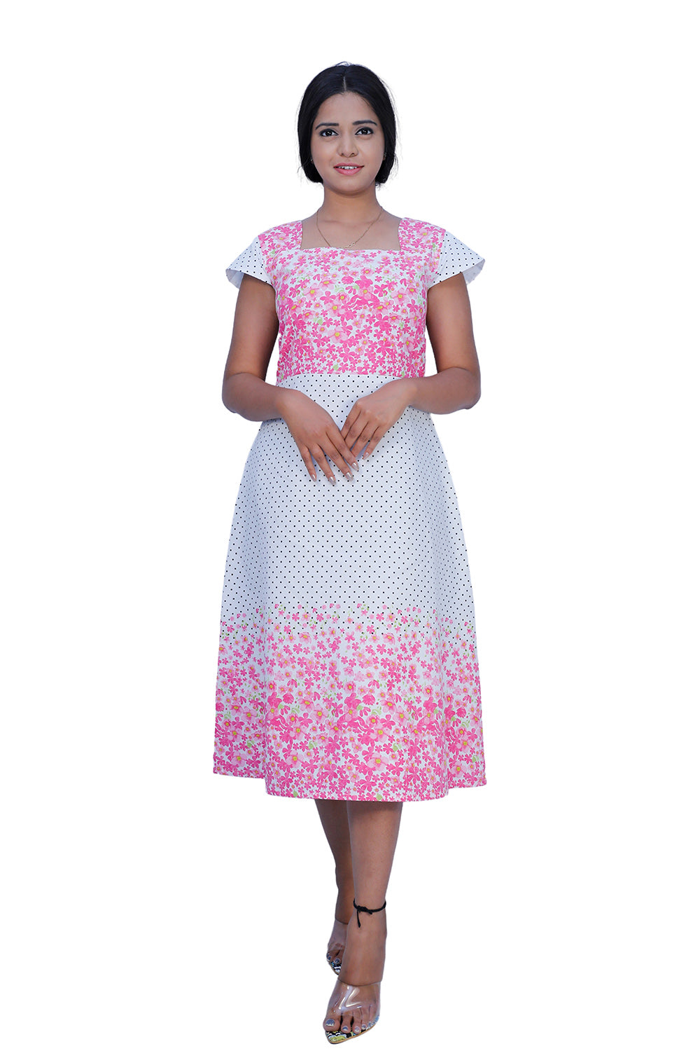 White & Pink Polka Dot Print Maxi Dress – Playful, Elegant & Flowy| S3G574